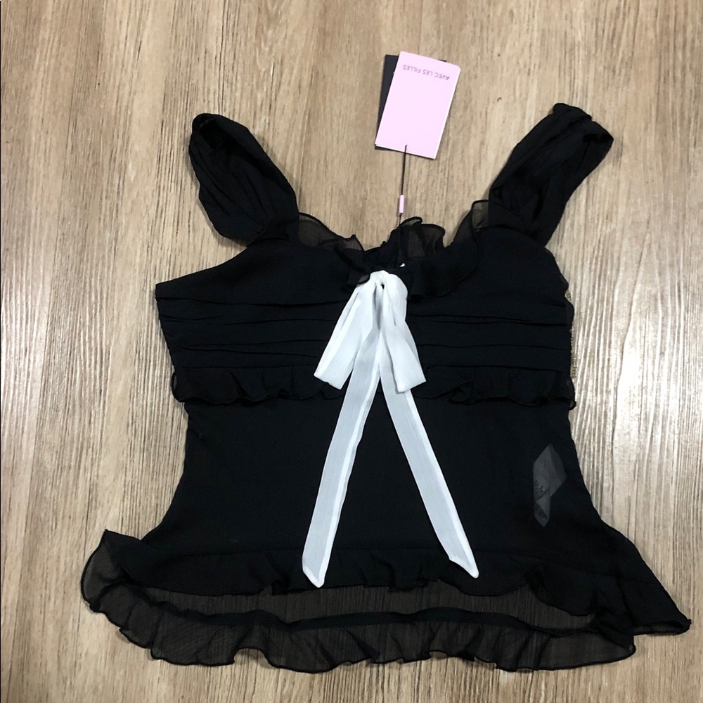 Avec Les Filles Black Chiffon Ruffle Tank with White Bow Accent